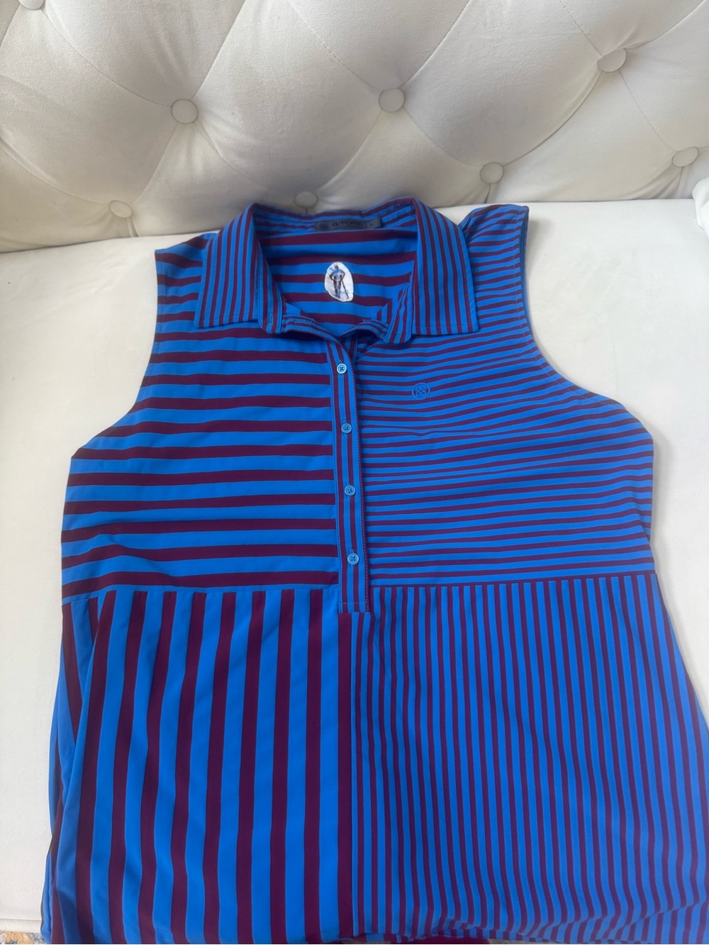 G/FORE Blue and Burgundy Striped Golf Polo. - Picture 2 of 6